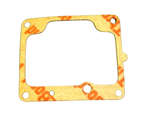 Rectangular gasket with a rounded inner opening, four corner mounting holes and a centered bottom hole; light tan color with orange printed markings.