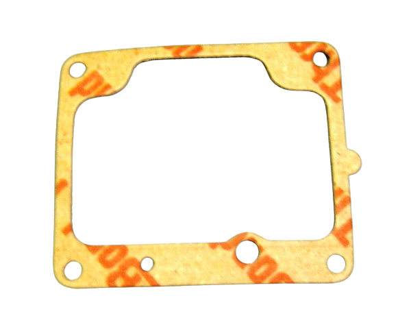 Rectangular gasket with a rounded inner opening, four corner mounting holes and a centered bottom hole; light tan color with orange printed markings.
