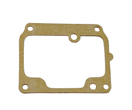 Brown fiber gasket with a rectangular opening and five mounting holes rectangle-shaped with rounded corners, used to seal between machine parts