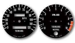 Pair of Yamaha gauge faces: left speedometer (mph) with neutral indicator, right tachometer (RPM×1000) with redline at 6.
