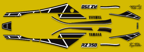 Collection of black-and-white Yamaha decal pieces laid out on a yellow background, including 'YAMAHA' and 'RZ350' labels.